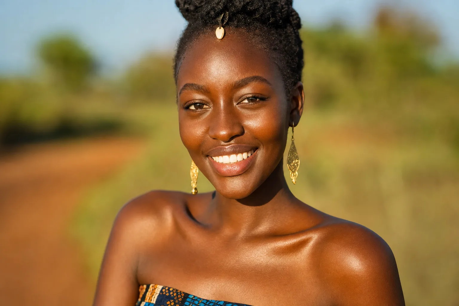Radiant Black African woman with glowing deep brown skin standing in bright Kenyan sunshine, smiling confidently