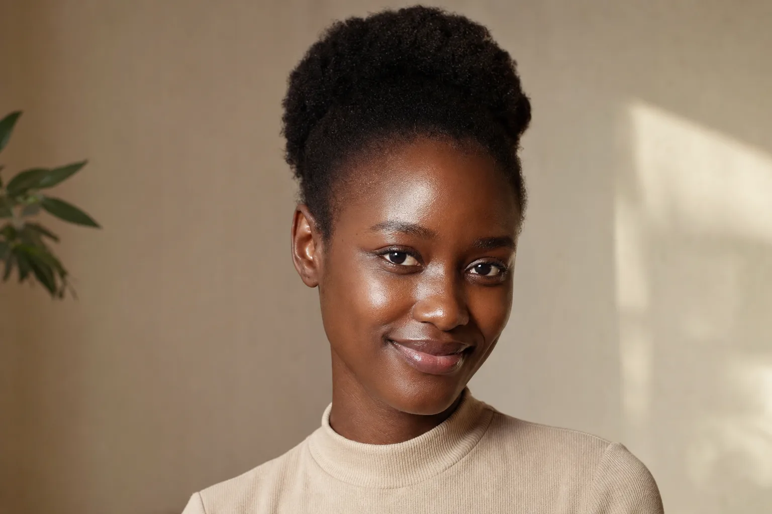 Black African woman with naturally glowing, healthy deep brown skin smiling in soft golden light