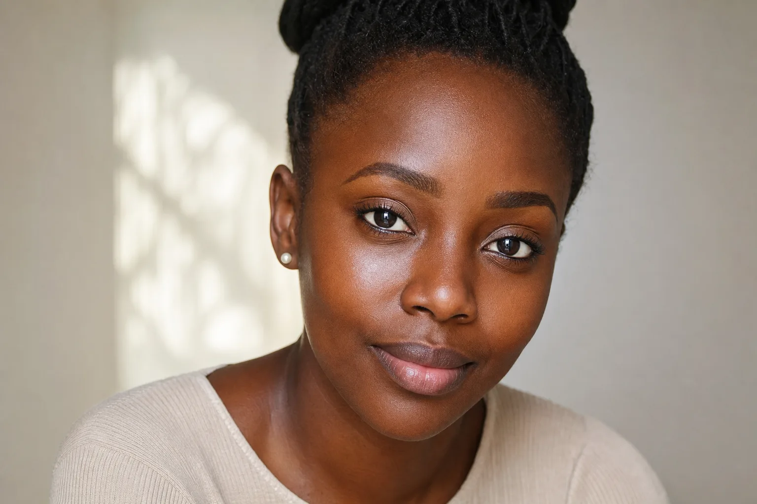 Close-up of a Black African woman's bright, refreshed under-eye area with smooth deep brown skin in soft daylight