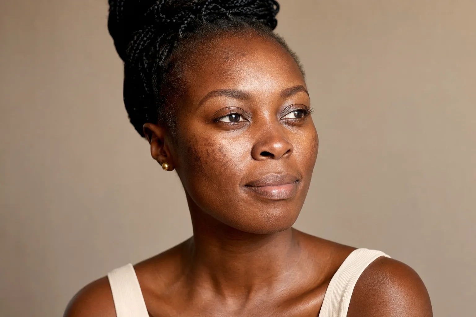 Confident Kenyan woman with healthy, even-toned dark skin examining faint melasma patches on her cheeks in soft natural light