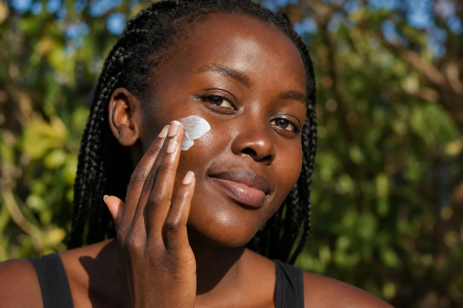 Black African woman applying SPF 50 sunscreen to her cheek outdoors under the bright Kenyan sun