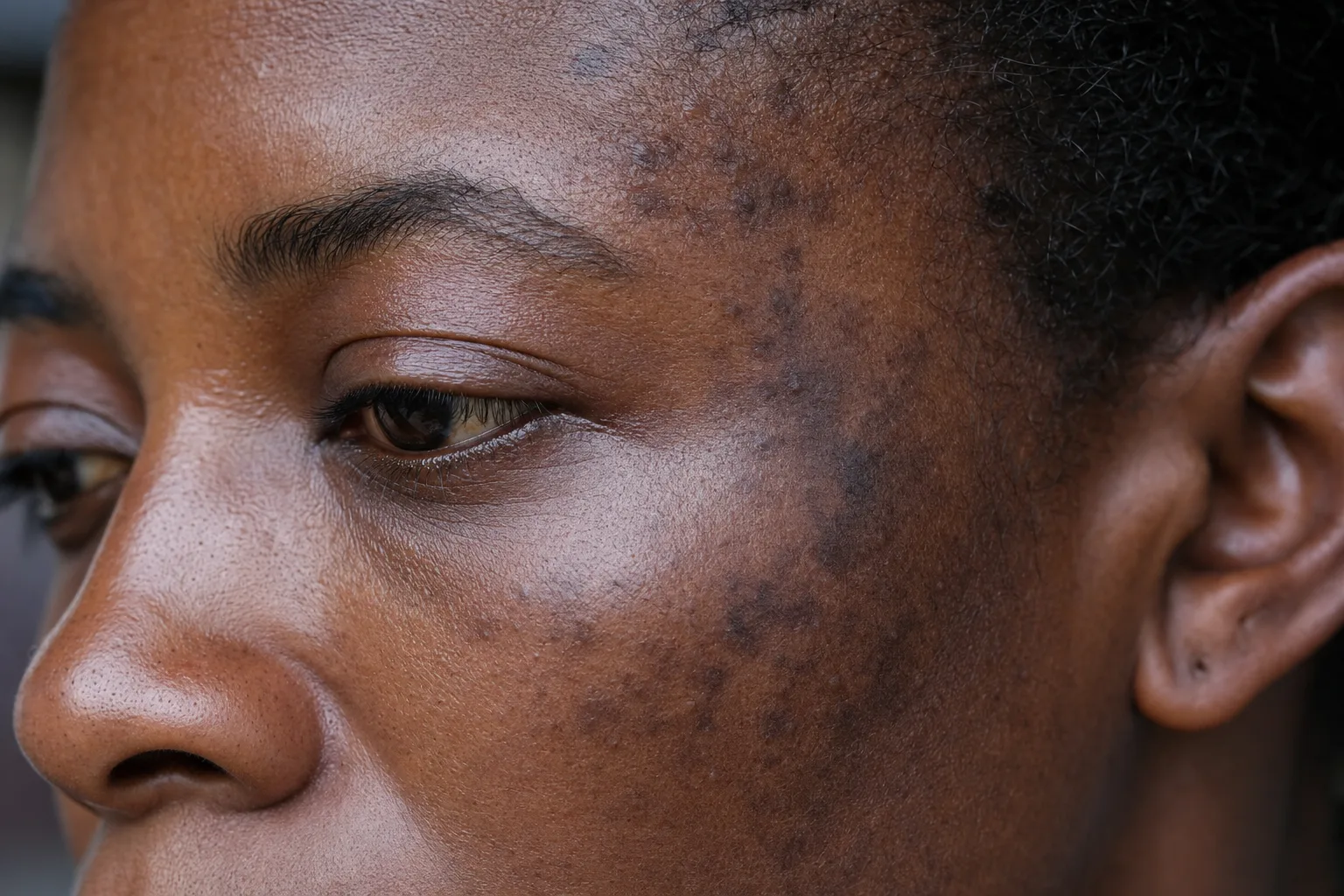 Woman examining melasma patches on her cheek to determine treatment stage