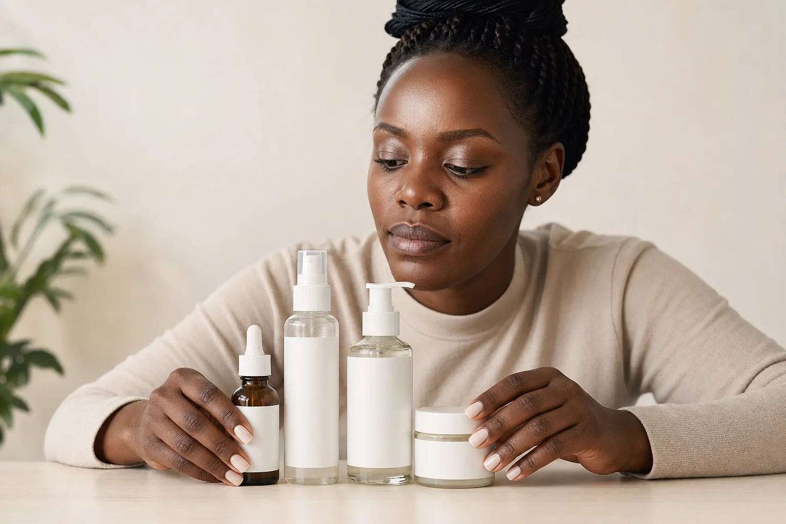 Flat lay of a few simple skincare products held in the hands of a Black African woman with deep brown skin